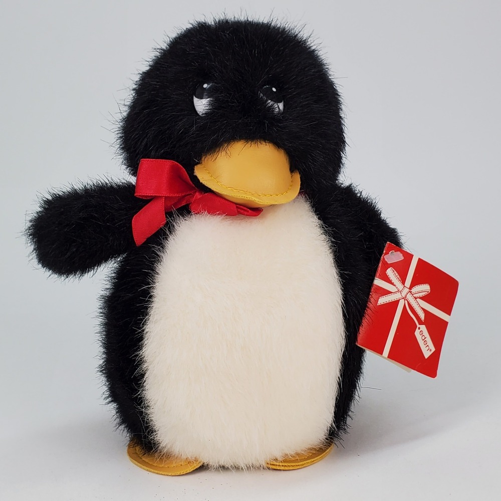 Vintage 1989 Eden Toys Penguin Plush Black White Red Bow 22448 NWT 8 inch